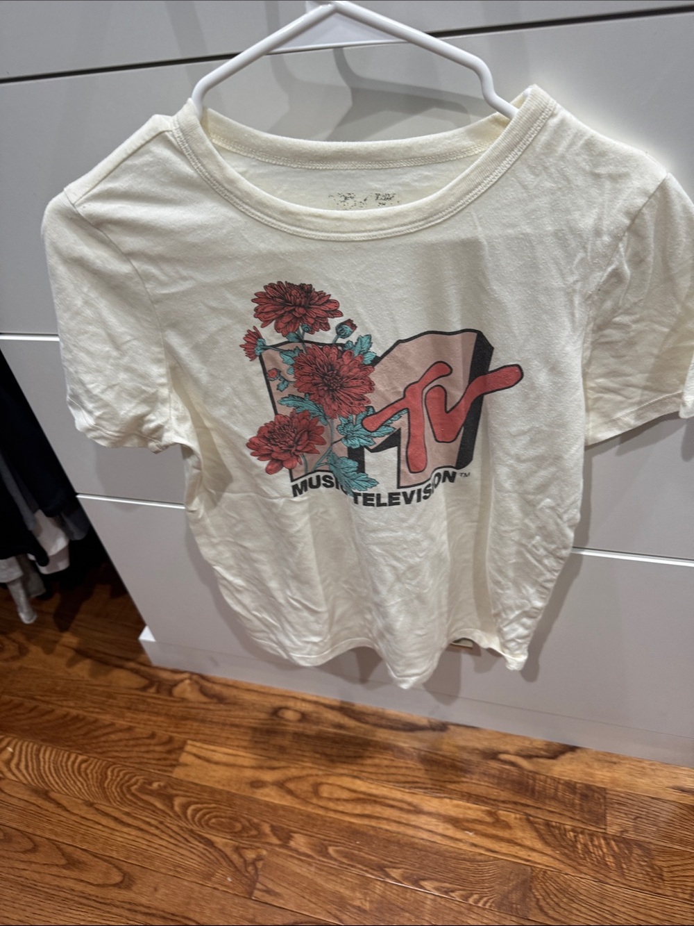 MTV Cream Tee with Red Floral Logo